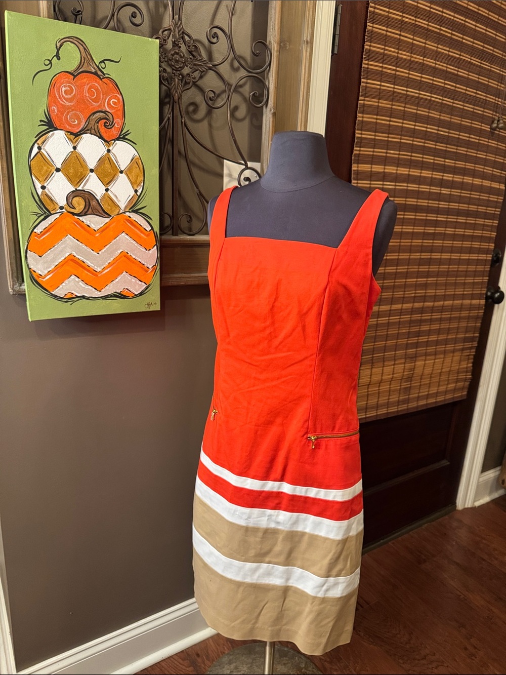 Ralph Lauren Coral Colorblock Sheath Dress with White and Tan Bands